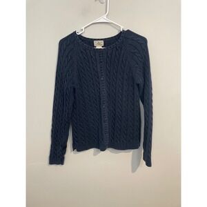 L.L Bean Navy Cable Knit Round Neck Cardigan Size Medium Fisherman Vintage